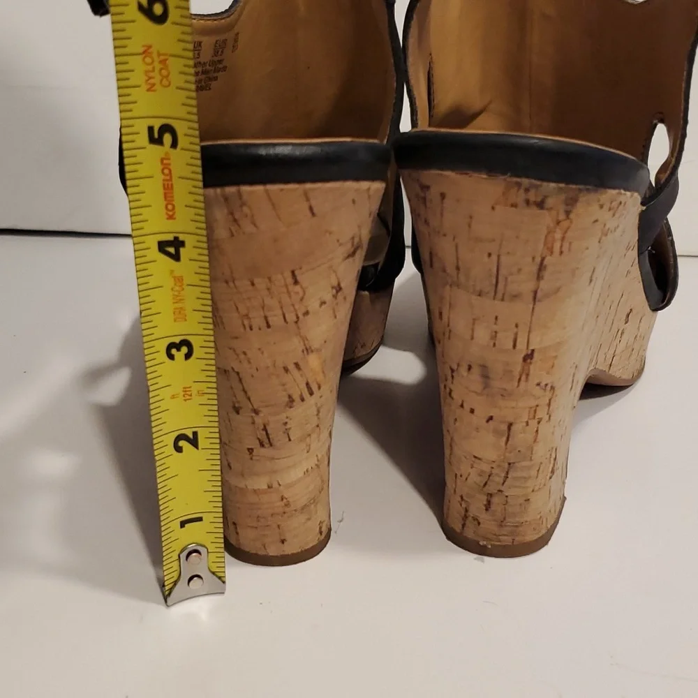 Franco Sarto Gabriel Black Leather Cork Wedge Sandals Size 8.5M